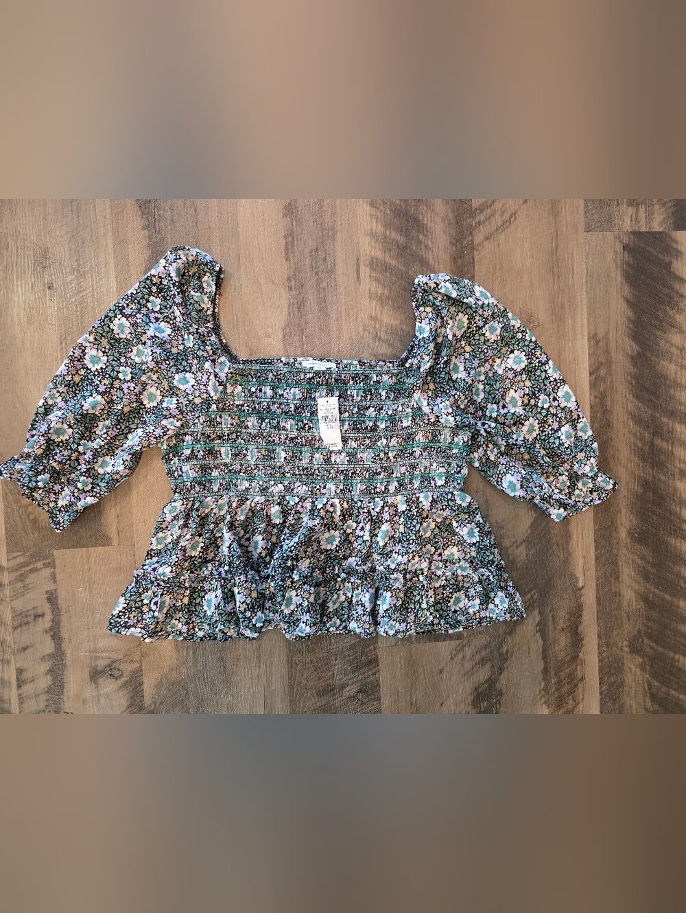 Floral Smocked Off-Shoulder Babydoll Peplum Top - Black & Mint